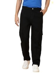 KOTTY Men's Solid Mid Rise Straight Fit Stylish Looking Cargo Jeans(Bl