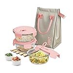 Treo by Milton Lumino Fresh Round Borosilicate Glass Lunch Box Set of 3, Peach Lid, 400 ml Each with Lunch Bag, Microwave & Dishwasher Safe, Leak Proof Containers Office Tiffin