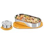 MILTON Steel Refresh Tiffin 650 Oval Steel Container with Lid 675ml with Round Tiffin Box 90ml, Lunch Box for Women, Lunch Box for Office Use, Tiffin Box for School, Yellow