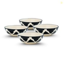 KitchEase Moroccan Print Black Ceramic Chutney & Dip Bowl Set of 4, Mi