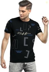 Jump Cuts Men Printed Round Neck Pure Cotton Black T-Shirt