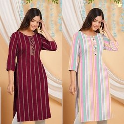 Berlin Attire Pack of 2 Women Striped Cotton Blend Straight Kurta(Maro