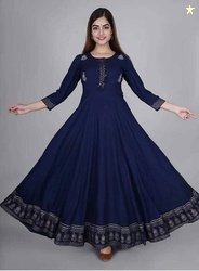 Nandi Printed Rayon Blend Stitched Flared/A-line Gown(Blue)