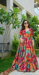 Siren Knitt Printed Rayon Blend Stitched Anarkali Gown(Multicolor)