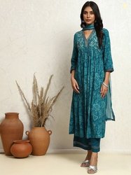 Biba Floral Printed Pleated Thread Work A-Line Kurta with Palazzos & D