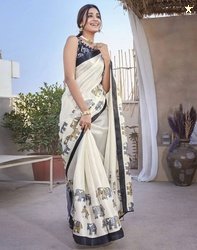 YASHIKA Printed Daily Wear Art Silk Saree(White, Black)