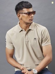 3BROS Men Solid Polo Neck Polyester Beige T-Shirt
