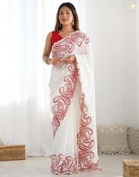 GAJVU Embroidered Assam Silk Tussar Silk Saree(White, Red)