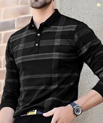 EyeBogler Men Striped Polo Neck Cotton Blend Black T-Shirt