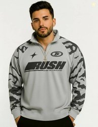 Force Men Printed Zip Neck Cotton Blend Grey T-Shirt