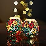 Homesake Tealight Candle Holders for Home Decor, Mosaic Glass, Flowers Diwali Decoration Items, Diwali Decoration Item for Home Decor | Pack of 2