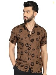 Indian Needle Brown Classic Floral Printed Casual Shirt (Brown, S)