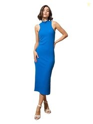 barcino Royal Blue Sleeveless Rib Turtle Neck Midi Dress