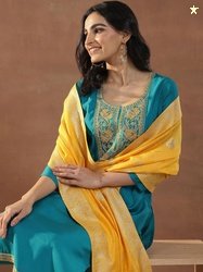 Gerua By Libas Green Floral Yoke Design Scoop Neck Sequinned Straight