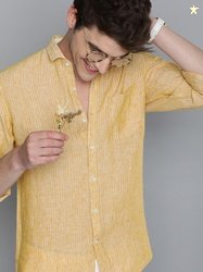 Mast & Harbour Men Yellow & White Regular Fit Striped Casual Linen Shi