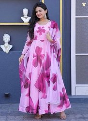 JANARDAN Floral Print Georgette Stitched Flared/A-line Gown(Pink)