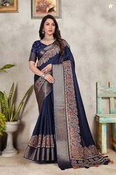 RASIFASHION Woven Banarasi Cotton Blend Saree(Dark Blue)