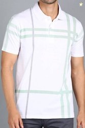 3BROS Men Striped, Typography Polo Neck Cotton Blend (180 gsm) White T
