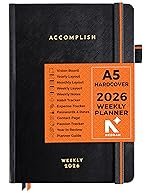 NEORAH â A5 Dated WEEKLY Planner 2026 ACCOMPLISHâ264 Pages of Yearly |12 Month | 52 Week+24 Hours + Notes pages for each weekâOffice Diary Academic diary – Hardcover [Pen Loop Attachable] (BLACK ONYX)