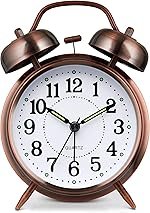 Kadio Loud Alarm Clock for Heavy Sleeper, 4 Inches Twin Bell Battery Operated Metal Alarm Clocks with Night Light for Bedrooms, Retro Analog Alarm Clock for Adults, Silent Non-Ticking (Red Brown)