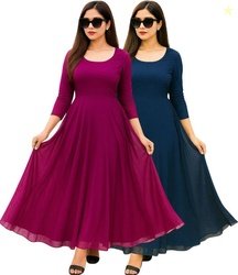 Bello Solid Georgette Stitched Anarkali Gown(Blue, Purple)