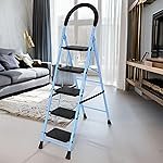FLIPZON Halo Foldable 5 Step Ladder for Home and Office Use | Alloy Steel | Wide Steps | Wobble-Free | Skid-Free Steps | Durable Safety Ladder | Rust Free | Anti-Skid (Sky-Blue & Black)