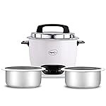 Pigeon by Stovekraft Joy Rice Cooker with Double pot, 1 litres. (White) | Toughened Glass Lid | 400 Watts | 2 Aluminium Cooking Pots | Measuring Cup| Spatula | Energy Efficient Cooking