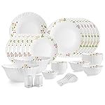 Cello Opalware Dazzle Series Secret Garden Dinner Set 35 Pieces Serving for 6 | Bone Ash-Free | Lightweight, Elegant White Plates & Bowls Set | Opal Glass Crockery Set for Daily Use Dinning & Gifting
