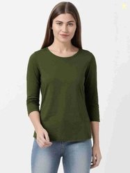 HouseOfCommon Women Solid Round Neck Cotton Blend Dark Green T-Shirt