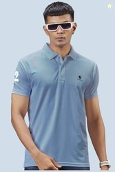 3BROS Men Solid Polo Neck Polyester Blue T-Shirt