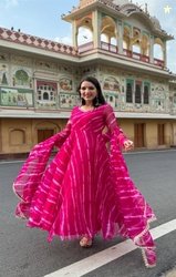CZF Printed, Floral Print Georgette, Crepe Stitched Anarkali Gown(Pink
