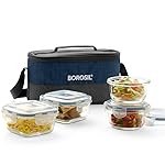 Borosil Elite Universal Lunchbox | Set of 4 (320ml x 2 Square + 240ml x 2 Round), Borosilicate Glass | Microwave & Dishwasher Safe, Leakproof | Tiffin for Office/School/College