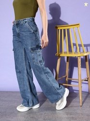 Roadster The Life Co. Women Blue Wide Leg High-Rise Heavy Fade Utility