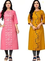 VIVIDH CREATIONS Pack of 2 Women Embroidered Cotton Blend Straight Kur