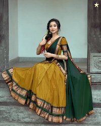 R K INFINITIVE Solid Semi Stitched Lehenga Choli(Gold, Green)