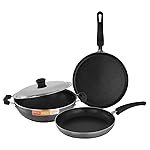 Prestige Non-Stick 3 Pc Cookware Set with Stainless Steel Lid | Omega Select Plus | Omni Tawa 25cm | Fry Pan 25cm | Kadai 25cm | PFOA Free | Metal Spoon Friendly | Sturdy Handles | 1Y Warranty | ISI