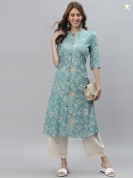 PYARELAL Women Floral Print Viscose Rayon A-line Kurta(Blue)