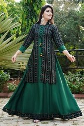 DSS FASHION Women Printed Cotton Rayon Anarkali Kurta(Green, Black)
