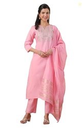 Janasya Women Pink Cotton Kurta with Pant & Dupatta with Embroidered P