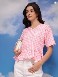 CORSICA Checked V-Neck Peplum Top With Button Closure & Wrap Style Det