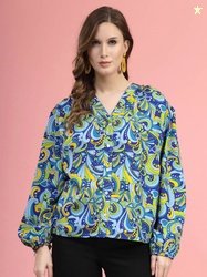 plusS Blue & Green Ethnic Motifs Printed Shirt Style Top