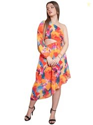 PURVAJA Womens One Shoulder Below Knee Length Dress (Floe-032_Orange_M