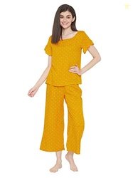 Clovia Women's Rayon Polka Print Top & Pajama Set (Ls0534P07_Yellow_XL