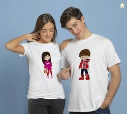 Vastra Vanam Pack of 2 Couple Printed Round Neck Polyester White T-Shi