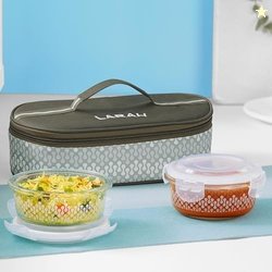 Larah Glassware Gracia Borosilicate Glass Lunchbox with Bag | 2pc Roun