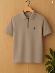 Yazole Men Solid Polo Neck Polycotton Beige T-Shirt