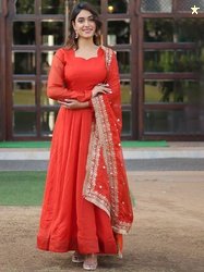 KALINI Sweetheart Neck Georgette Anarkali Kurta With Dupatta