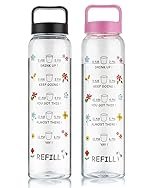 Clazkit Plastic Motivational 1000ml Water Bottle Black & Pink – Time Markers & Inspirational Slogans Mentioned Encourages More Water Intake, Easy-to-Carry Handle- Set of 2