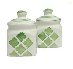 Decorative Ceramic Storage Jar Set, 200ml, White with Green Pattern, 2