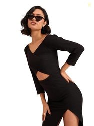 Black Rib Side Slit Wrap Neck Cut-Out Midi Dress